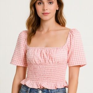 New BCBGeneration Smocked Gingham Top SZ L pink and white NWT checkered
